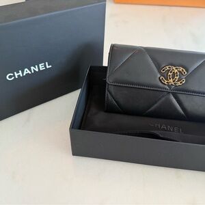 Chanel 19 Flap Black Quilted Lambskin Leather Wallet
